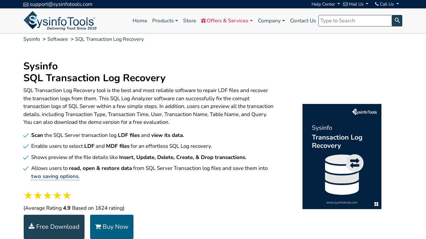 SysInfo SQL Transaction Log Recovery Landing page