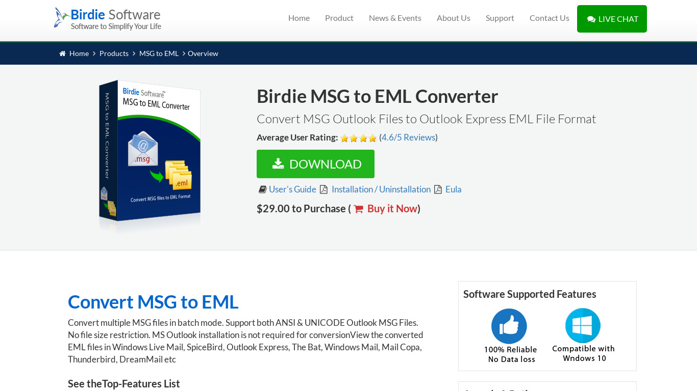 Birdie MSG to EML Converter Landing page