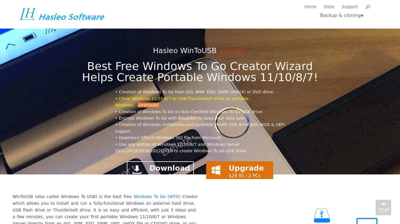 WinToUSB by Hasleo Software Landing page