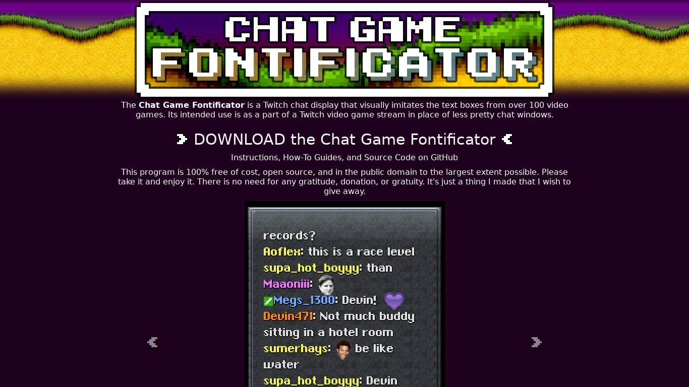 Chat Game Fontificator Landing page