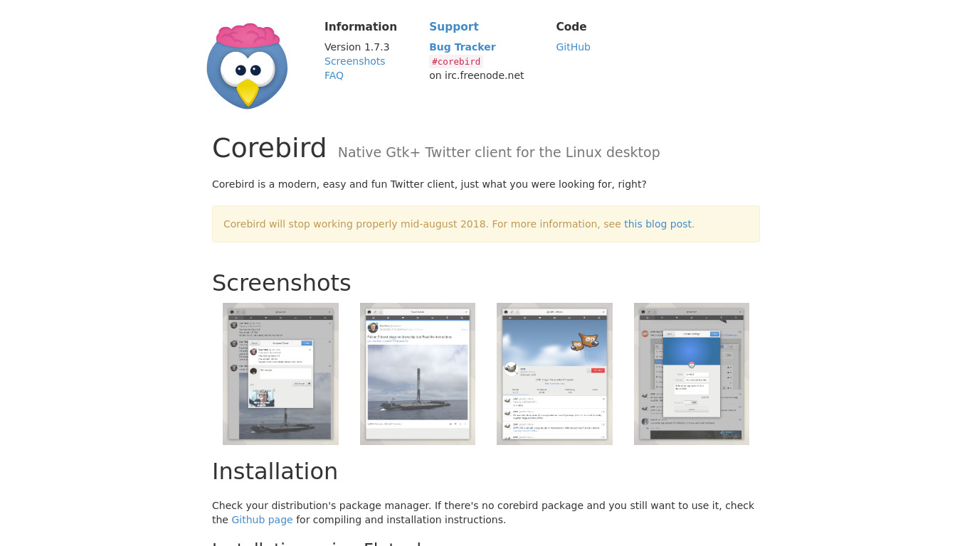 Corebird Landing page