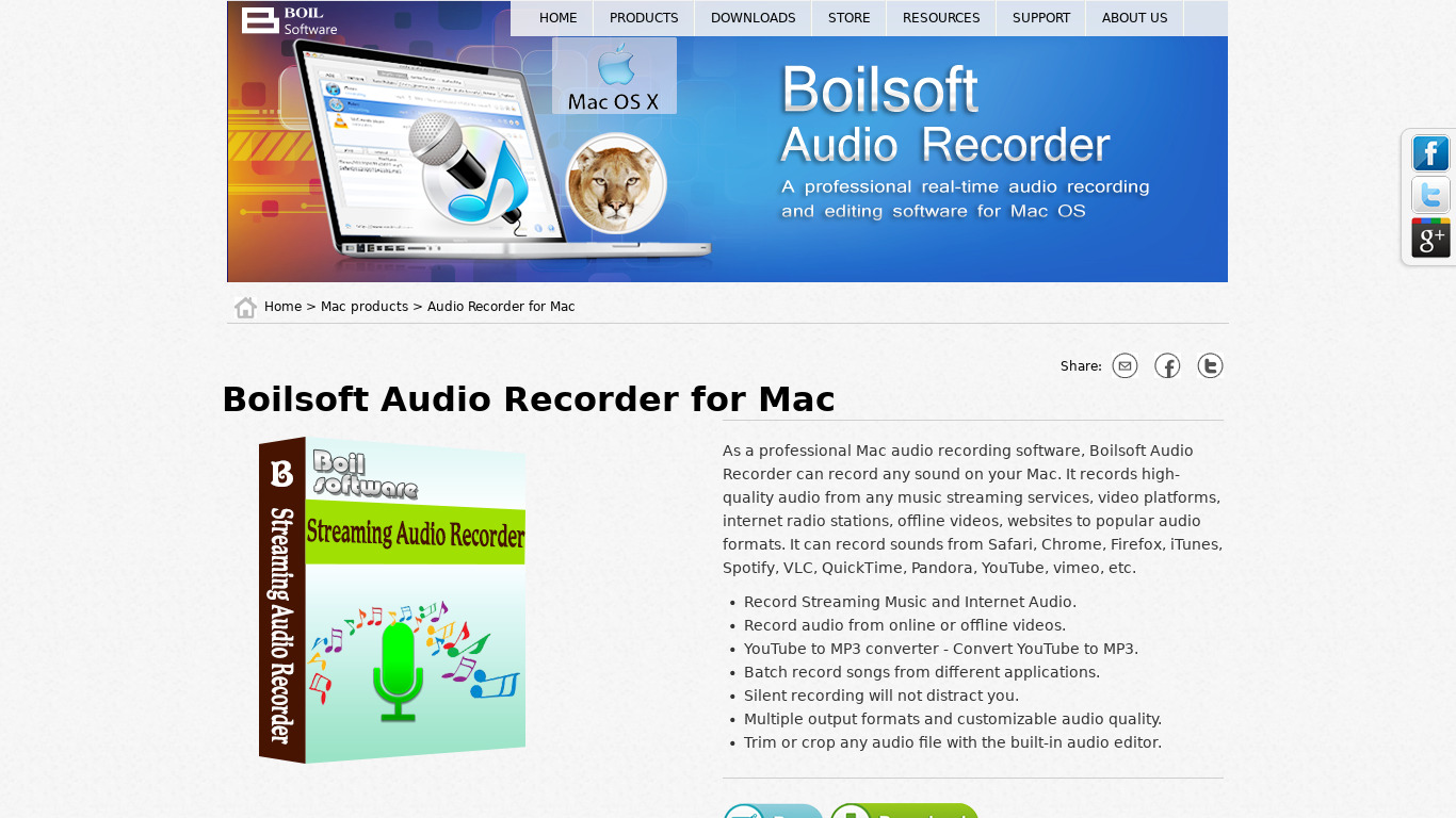 Boilsoft Audio Recorder for Mac Landing page