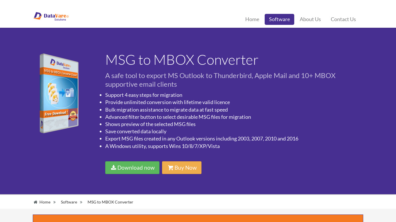 DataVare MSG to MBOX Converter Landing page