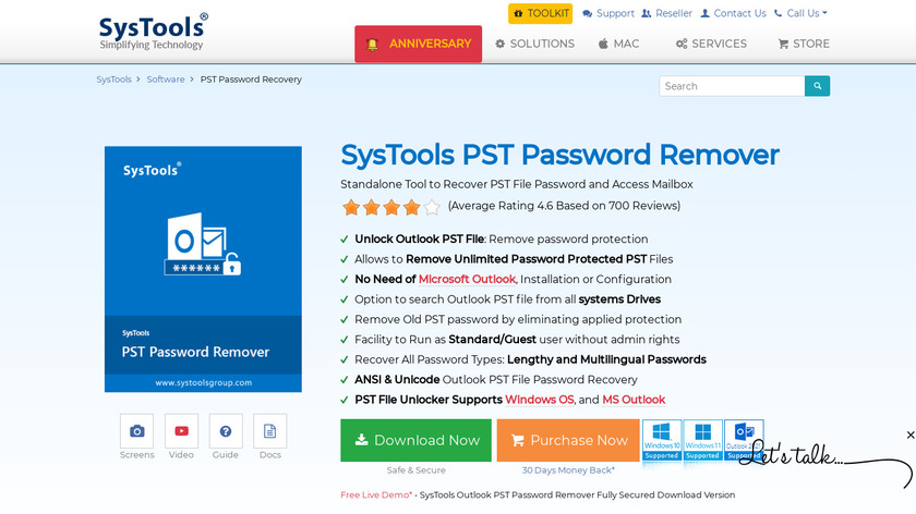 SysTools PST Password Remover Landing Page