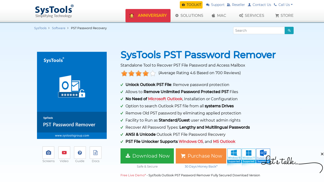 SysTools PST Password Remover Landing page