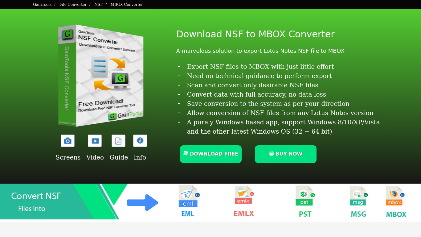 GainTools NSF to MBOX Converter Landing page