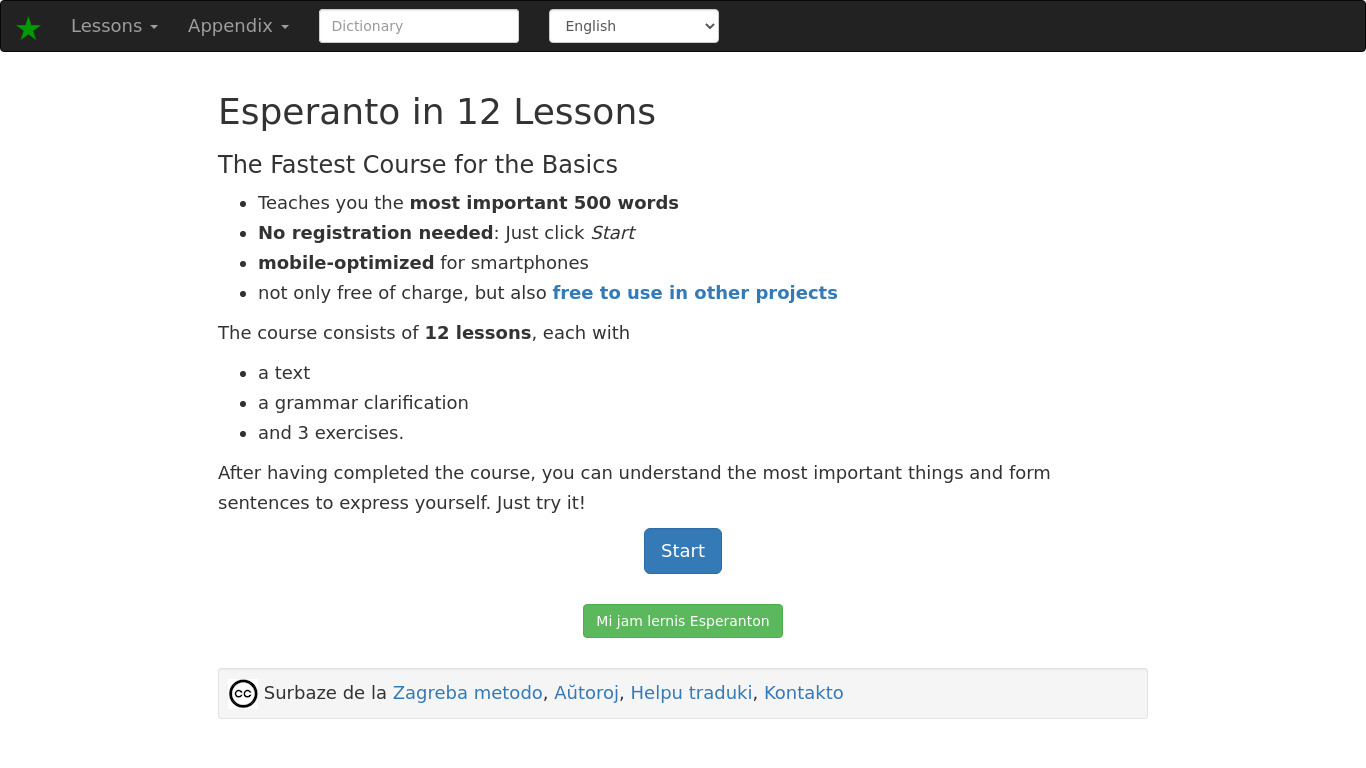 Esperanto in 12 days Landing page