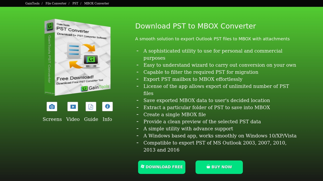 GainTools PST to MBOX Converter Landing page