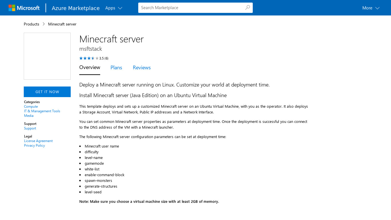 Minecraft Server on Microsoft Azure Landing page