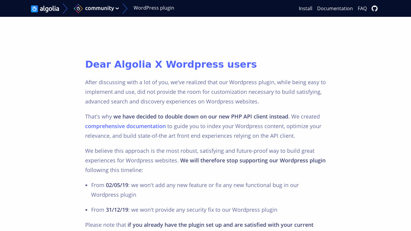 Algolia Search for WordPress Landing page