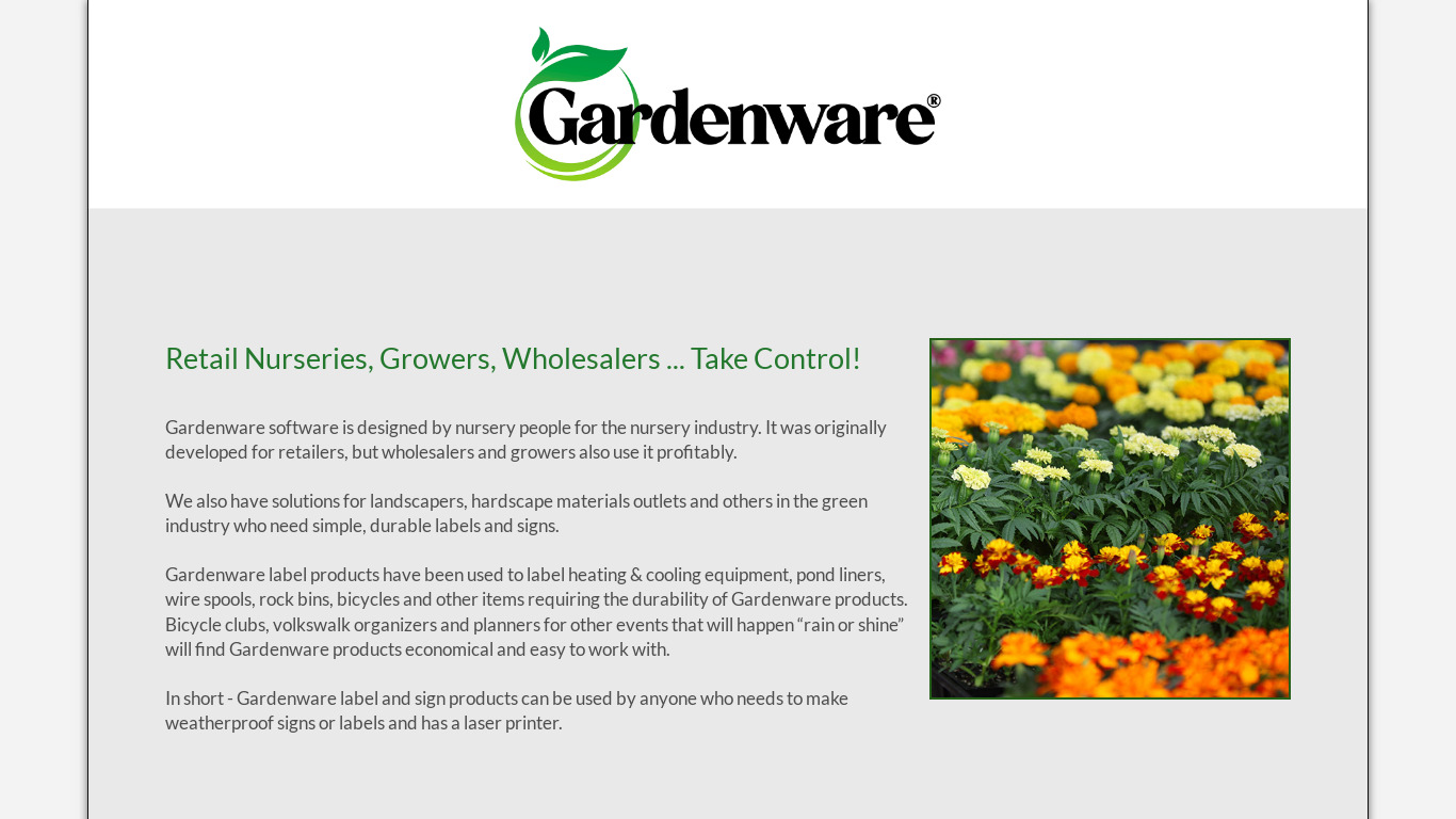 Gardenware Labeling Software Landing page