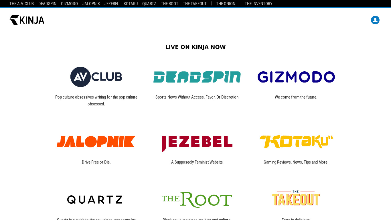 Kinja Landing page