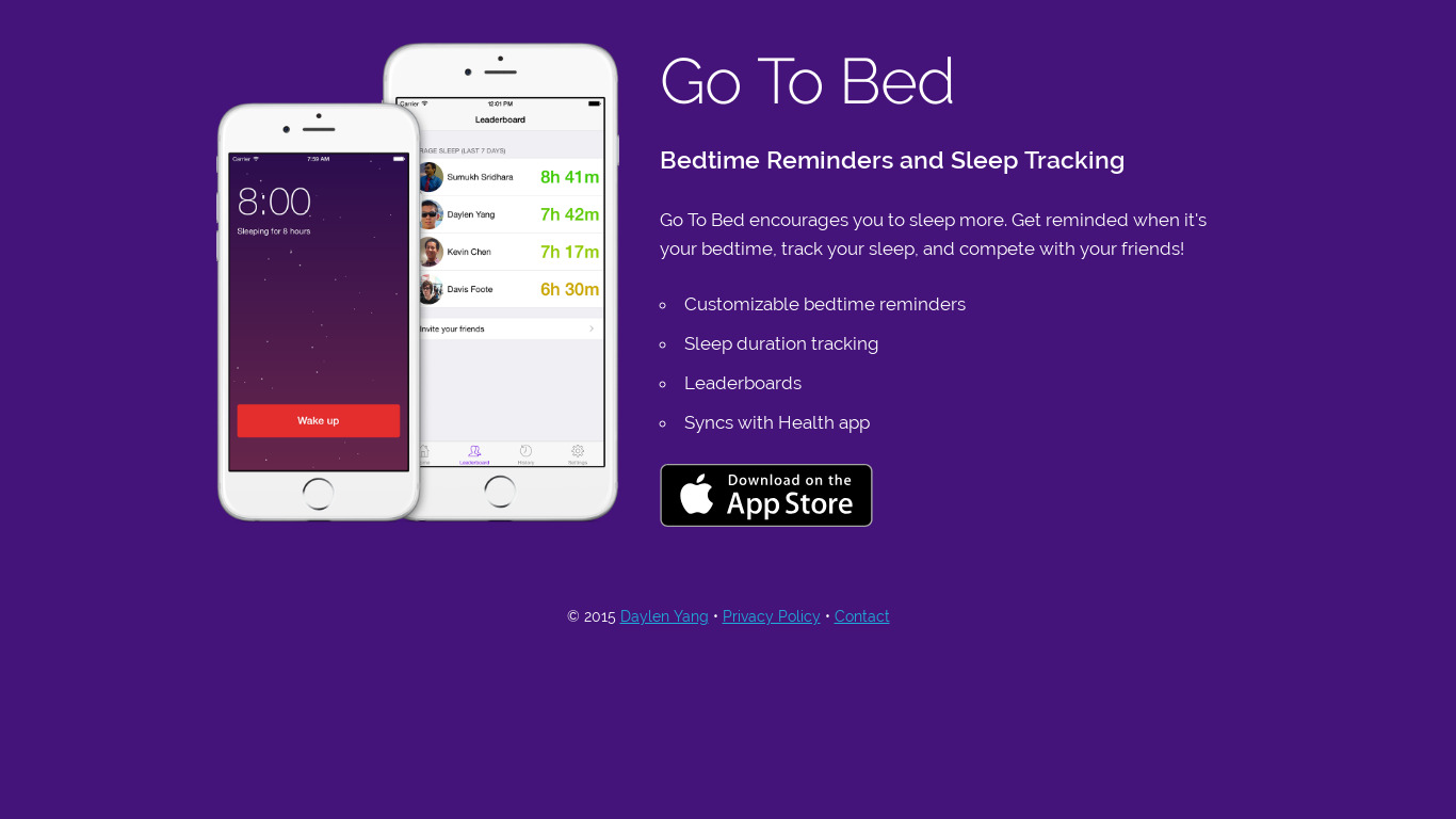 Go To Bed Landing page