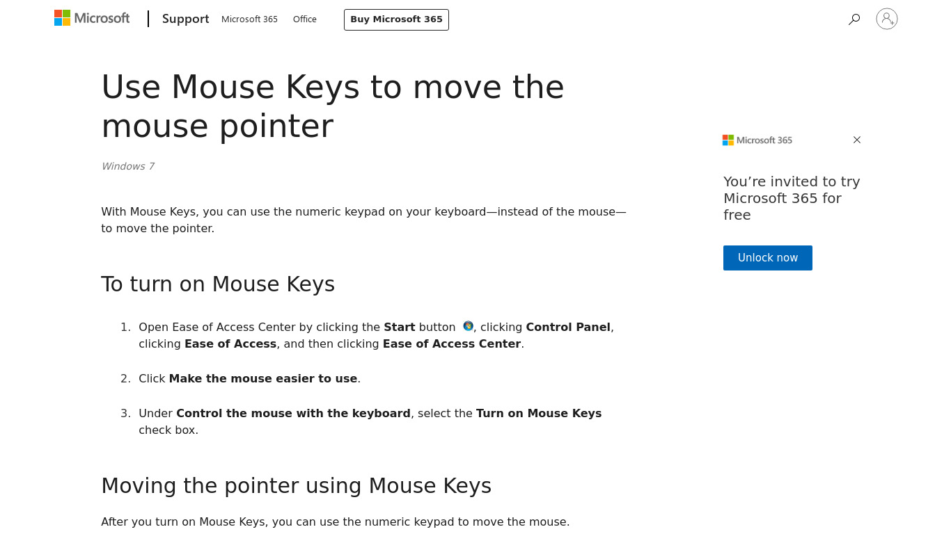 Microsoft Windows Mouse Keys Landing page