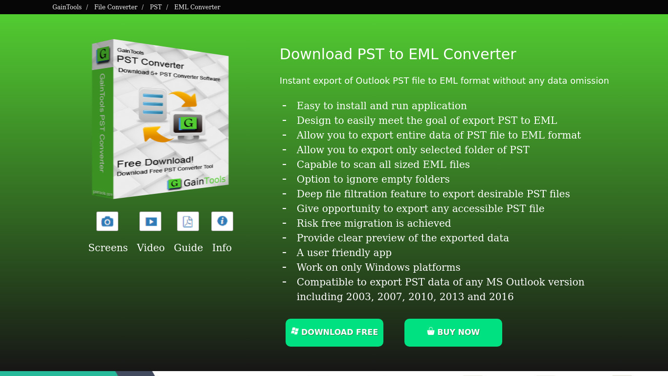 GainTools PST to EML Converter Landing page