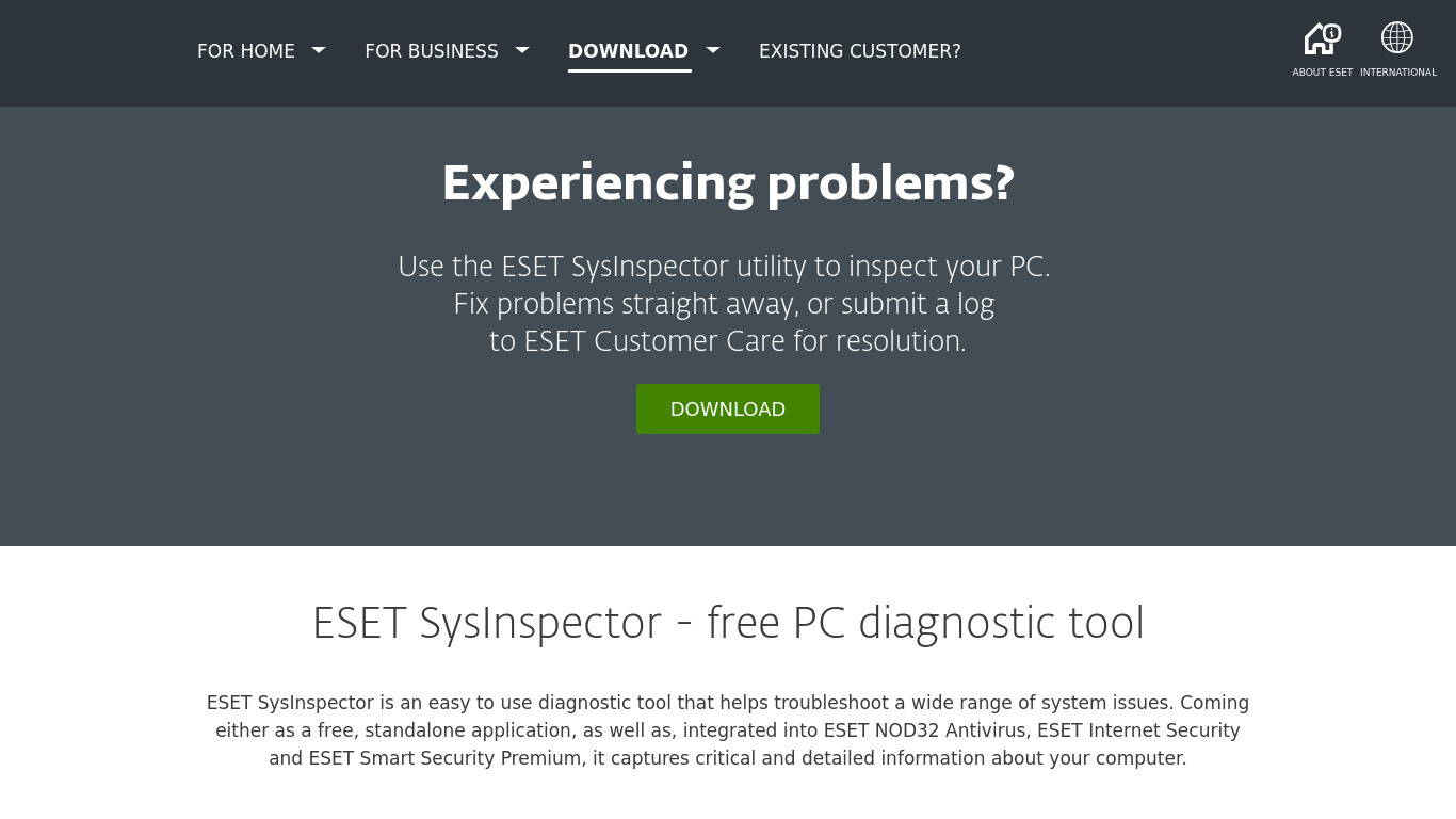 ESET SysInspector Landing page