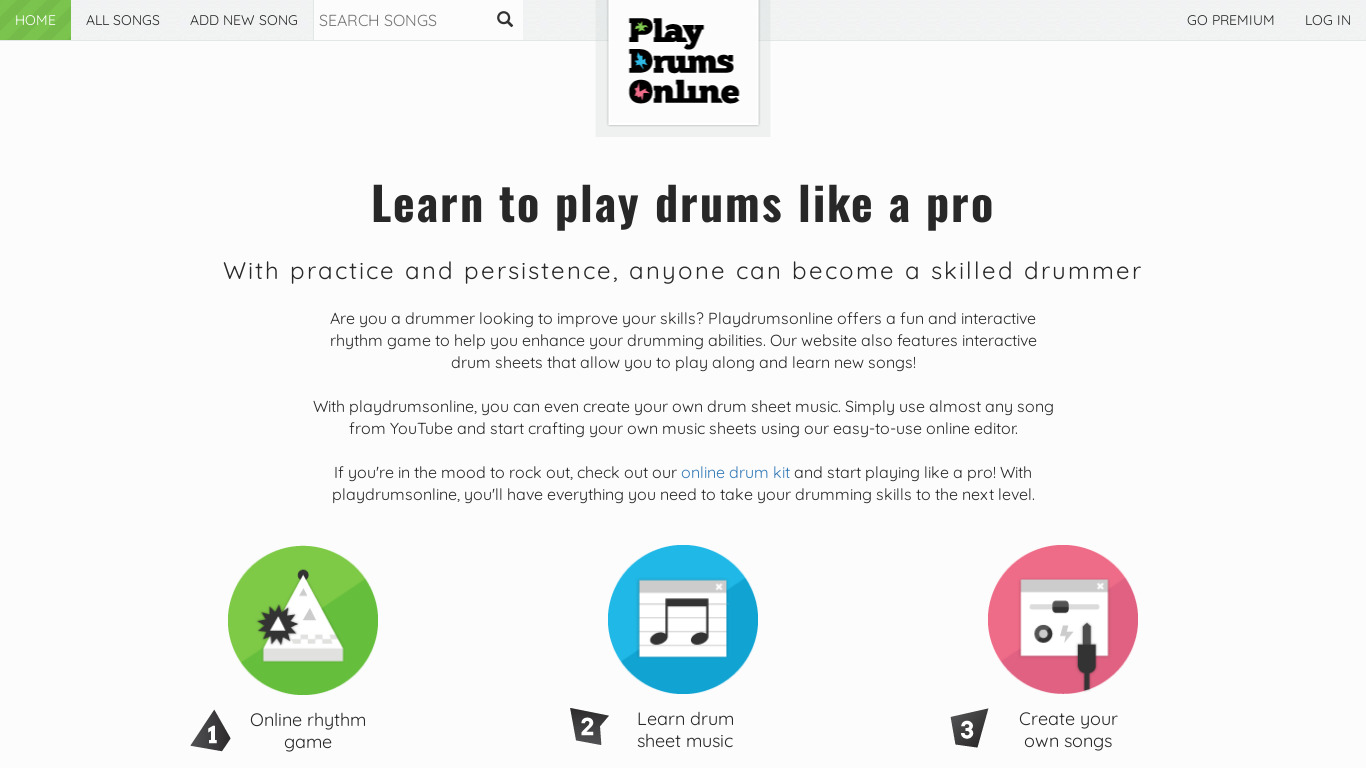 Play drums online Landing page