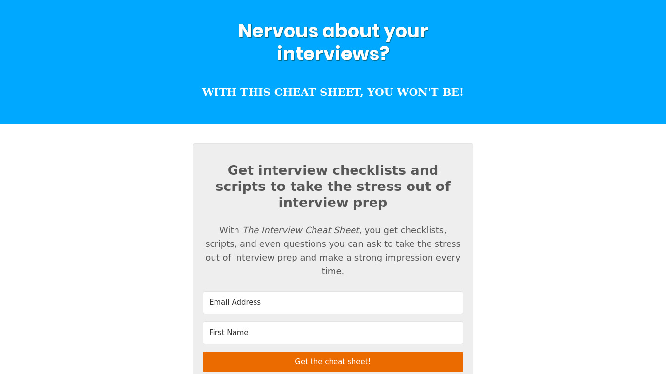 The Interview Cheat Sheet Landing page