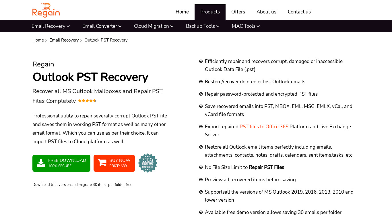 Regain Outlook PST Recovery Landing page