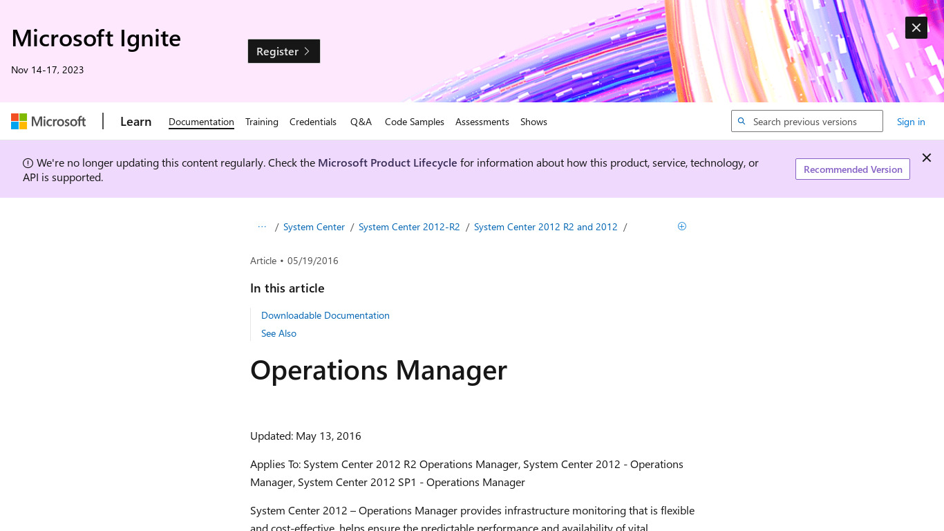 System Center Operations Manager Landing page