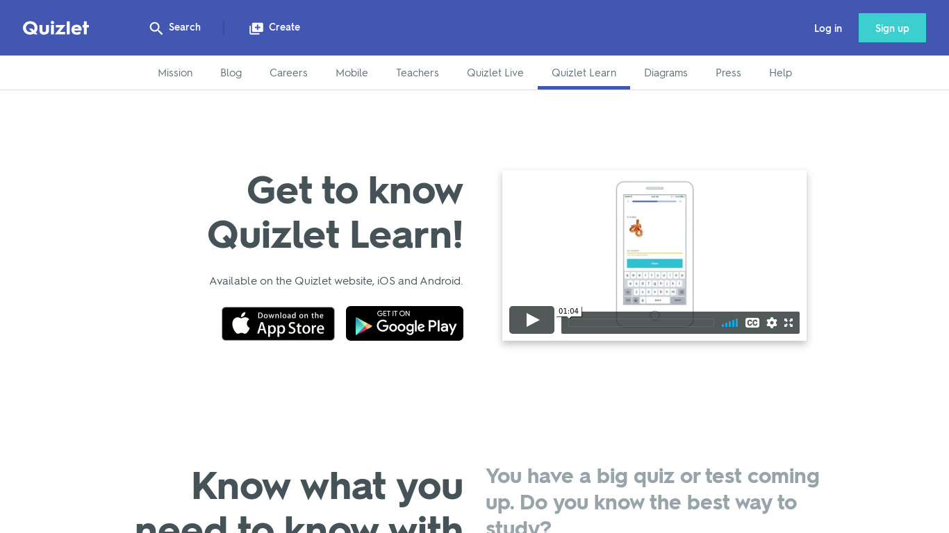 Quizlet Learn Landing page