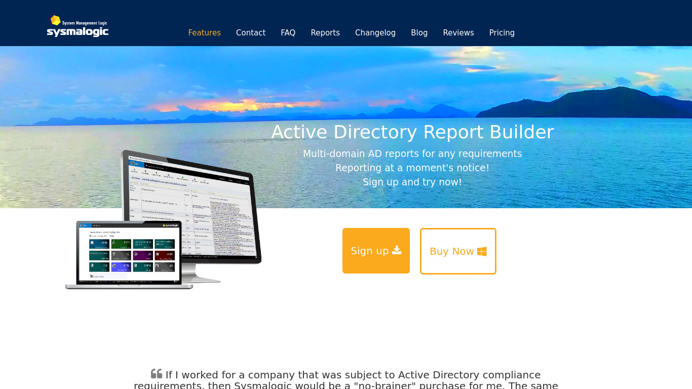 Sysmalogic AD Report Builder Landing page