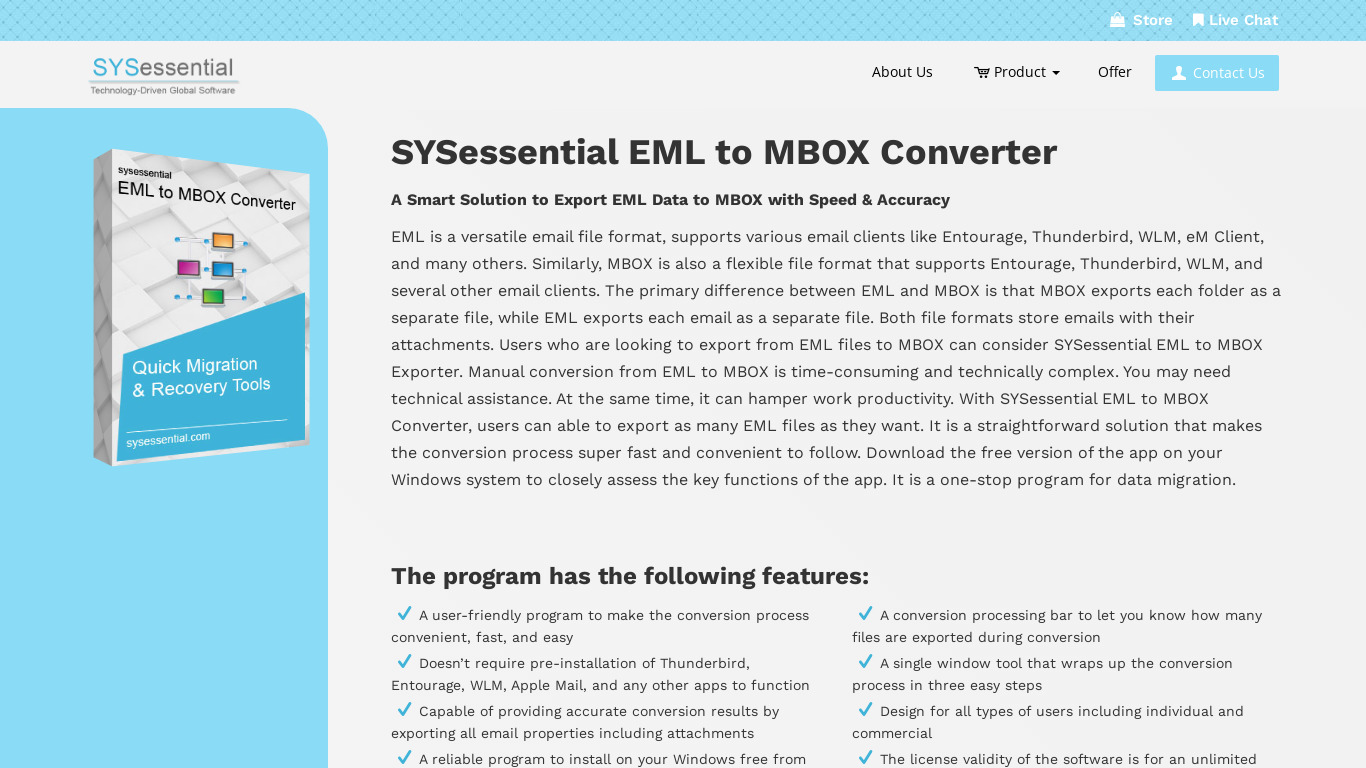 SYSessential EML to MBOX Converter Landing page