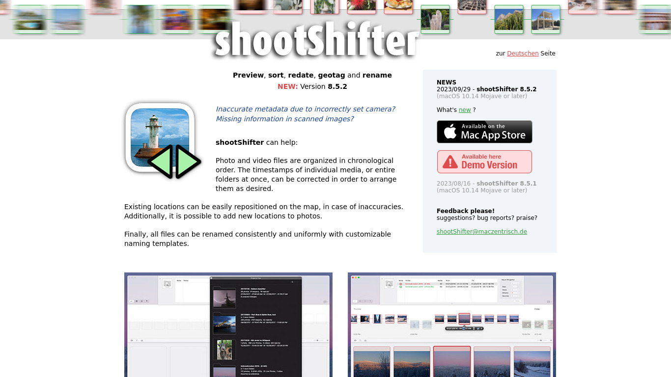 shootShifter Landing page
