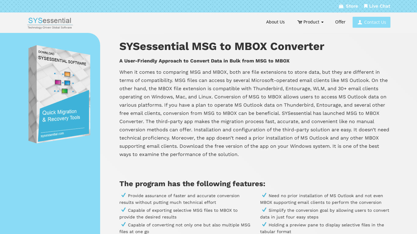 SYSessential MSG to MBOX Converter Landing page