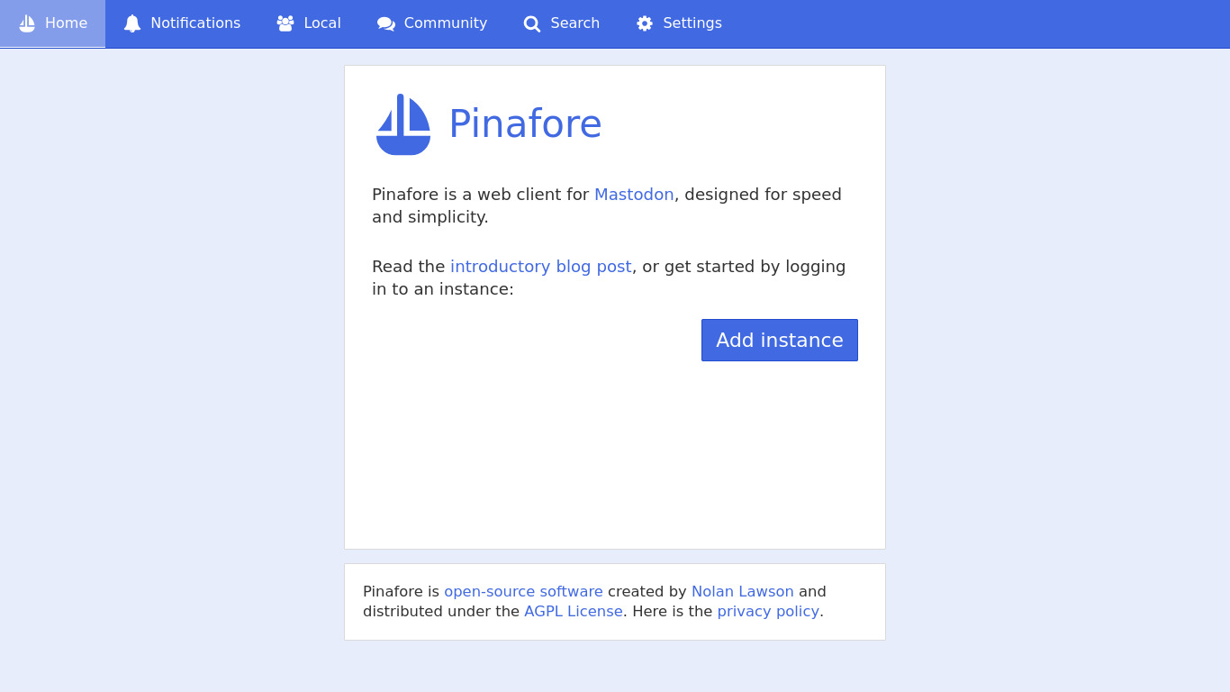 Pinafore Landing page