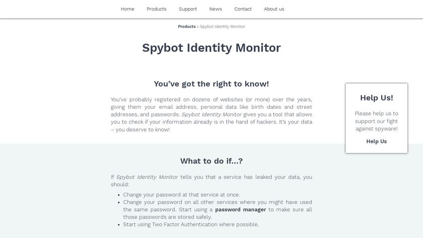 Spybot Identity Monitor Landing Page