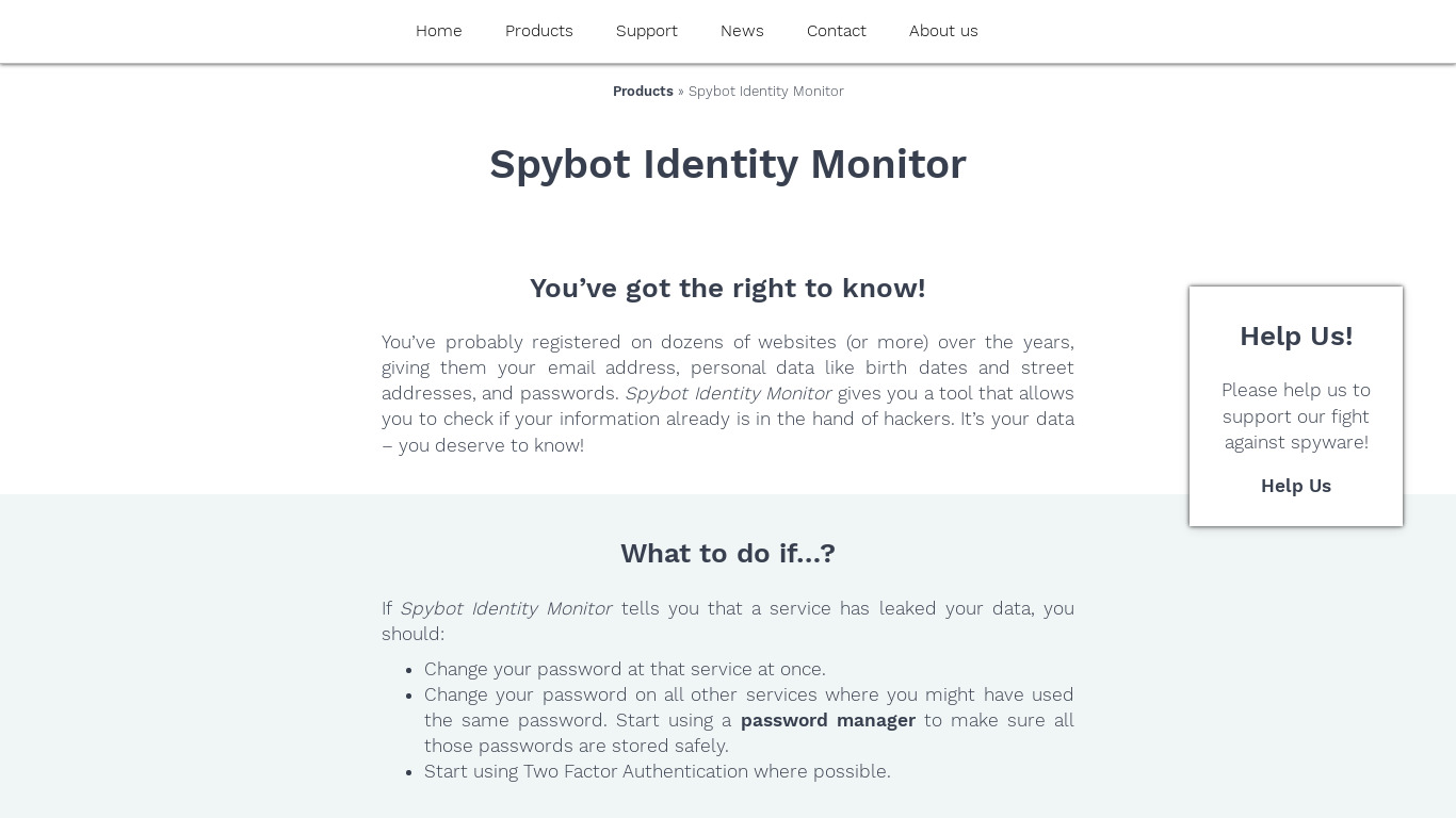 Spybot Identity Monitor Landing page