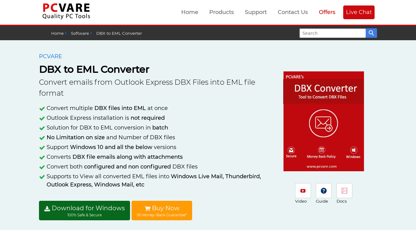 PCVARE DBX to EML Converter Landing page