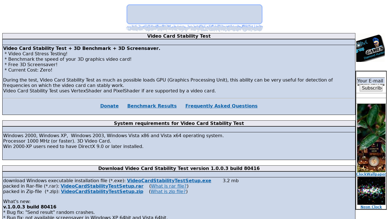 Video Card Stability Test Landing page