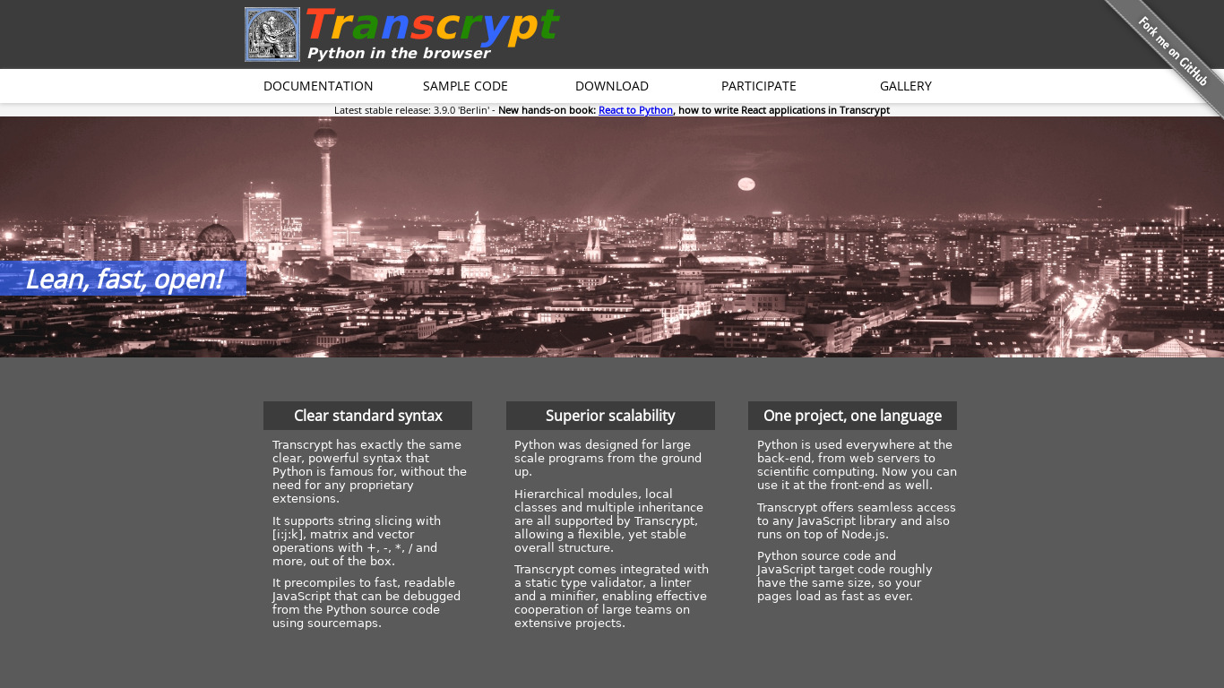 Transcrypt Landing page