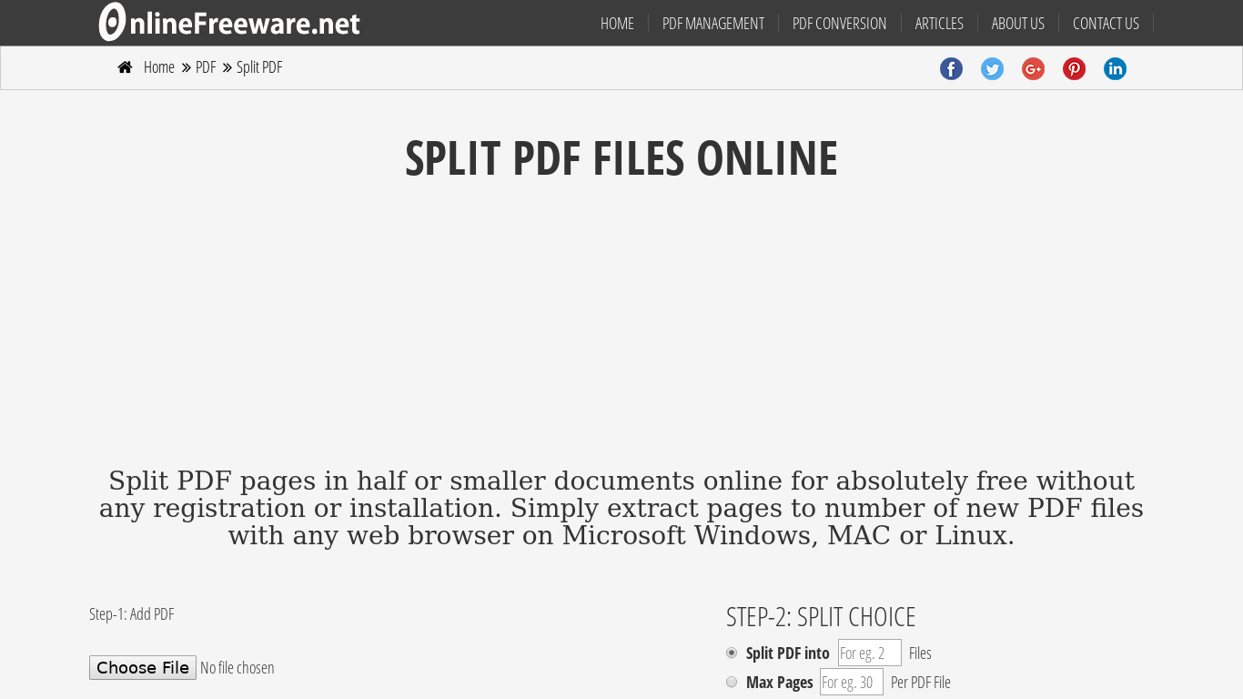 OnlineFreeware PDF Split Landing page