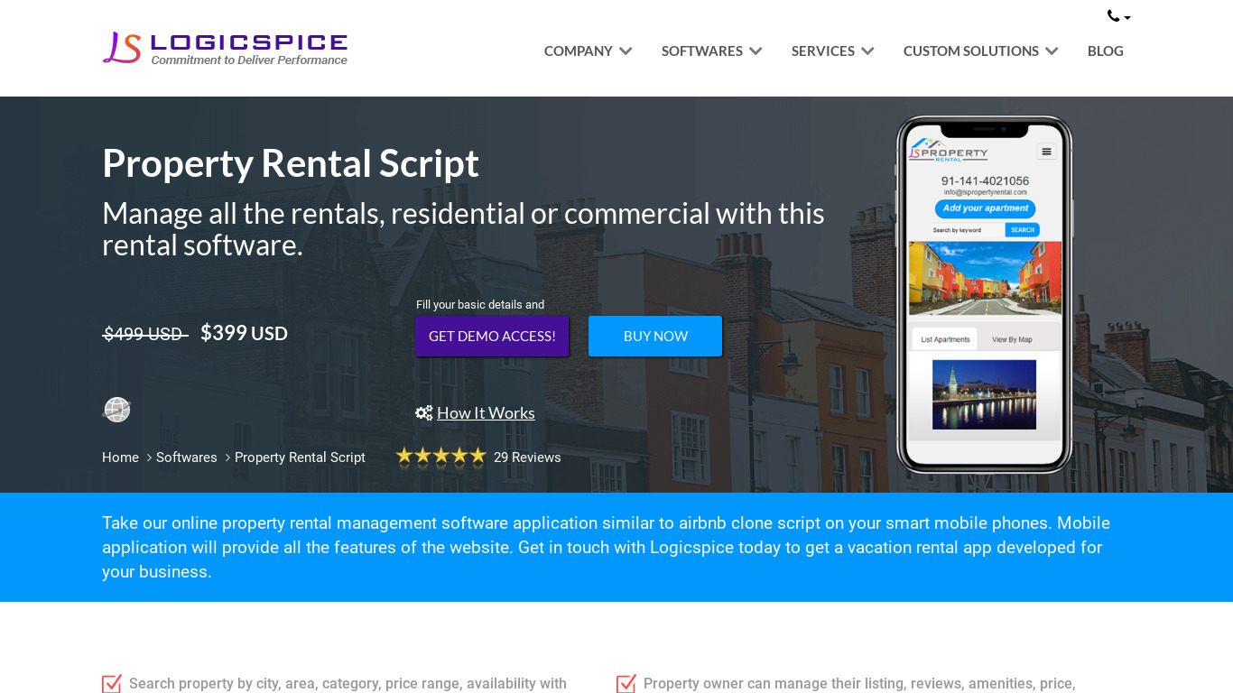 Property Rental Script by Logicspice Landing page