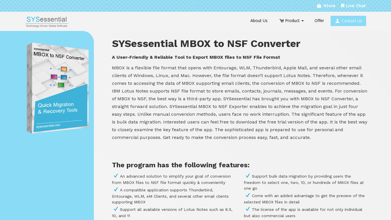 SYSessential MBOX to NSF Converter Landing page