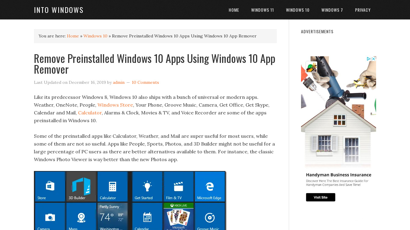Windows 10 App Remover Landing page