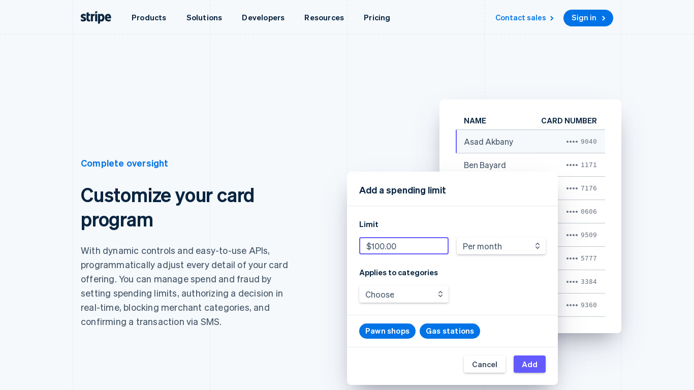 Stripe Issuing Landing page