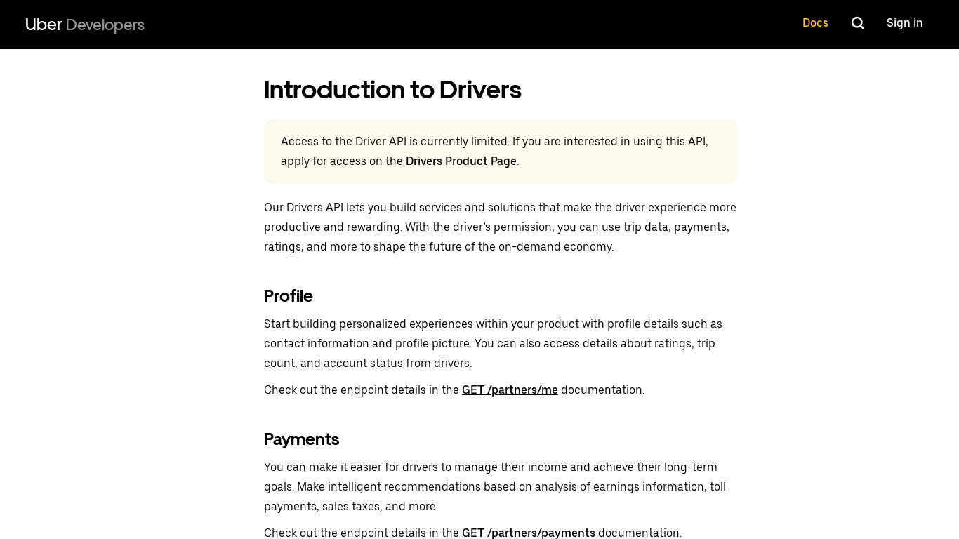 Uber Driver API Landing page