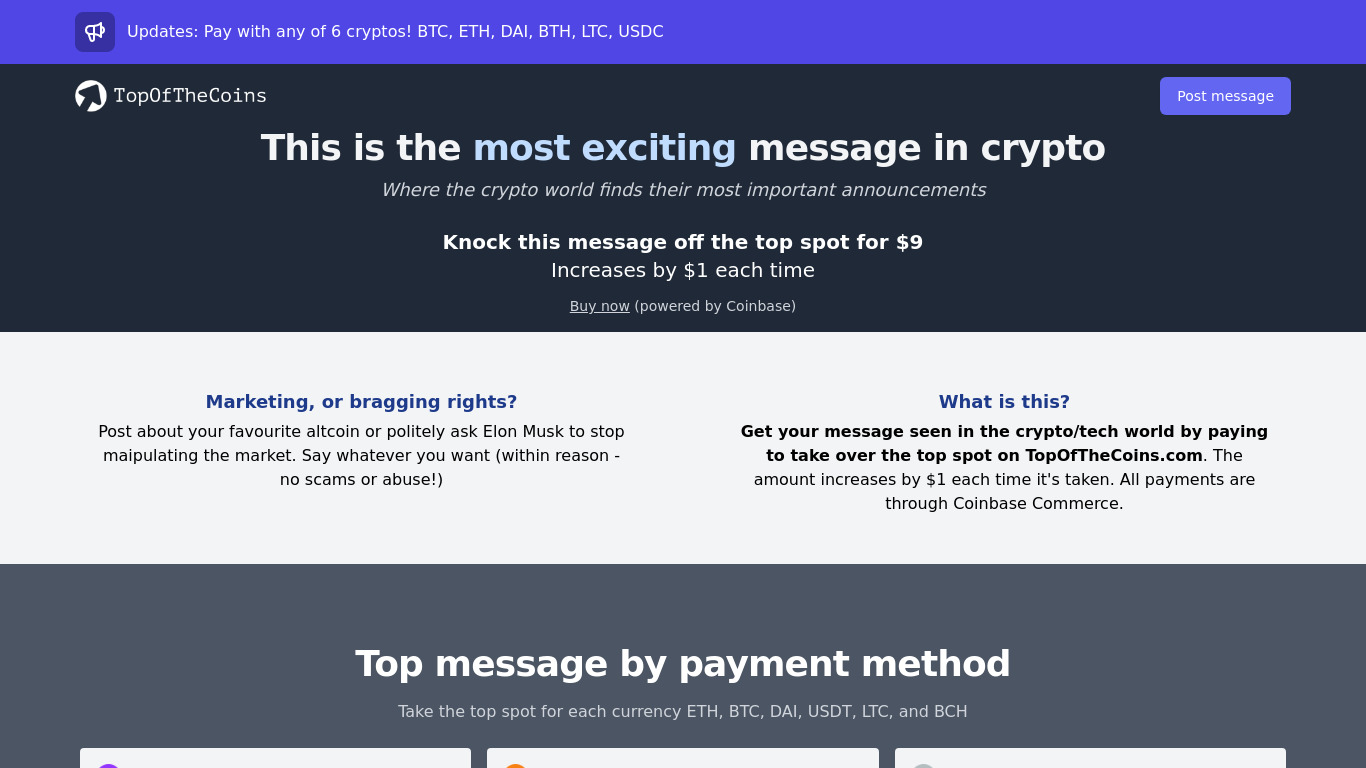 Top Of The Coins Landing page