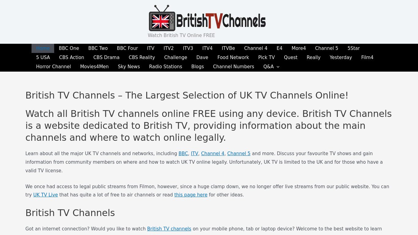 British TV Channels Landing page