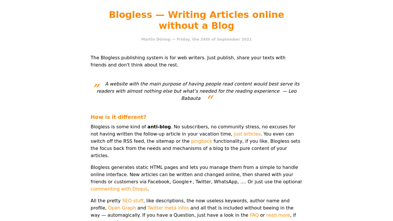 Blogless Landing page