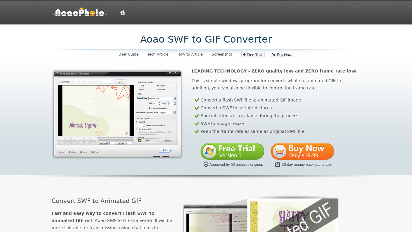 Aoao SWF to GIF Converter Landing page