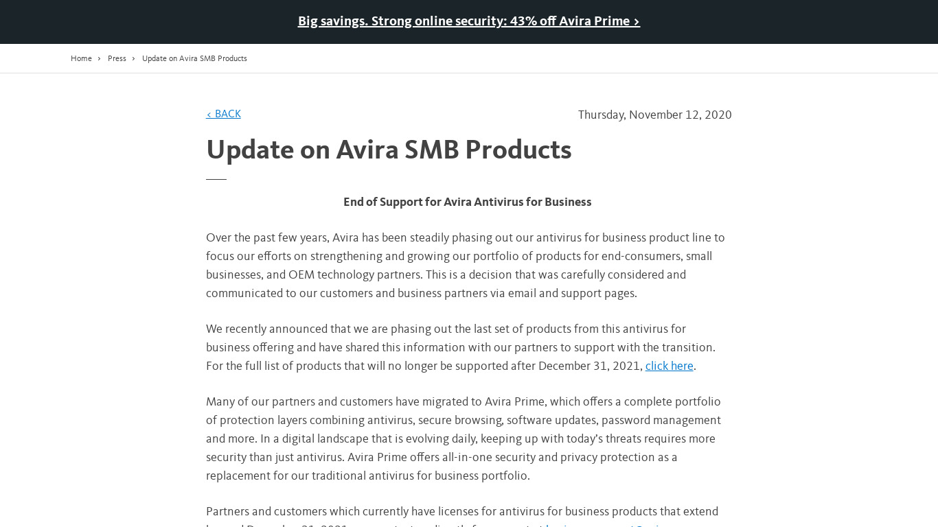Avira Small Business Security Suite Landing page
