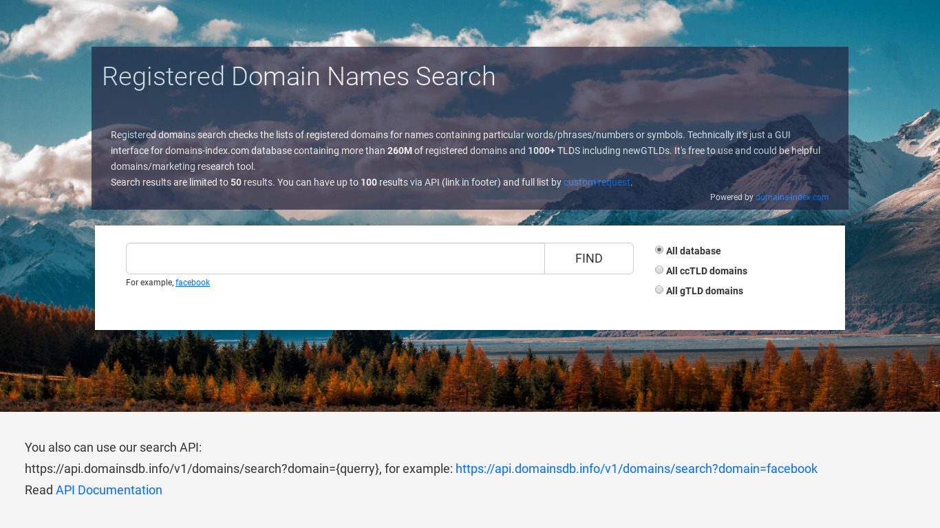 Registered Domains Search Landing page