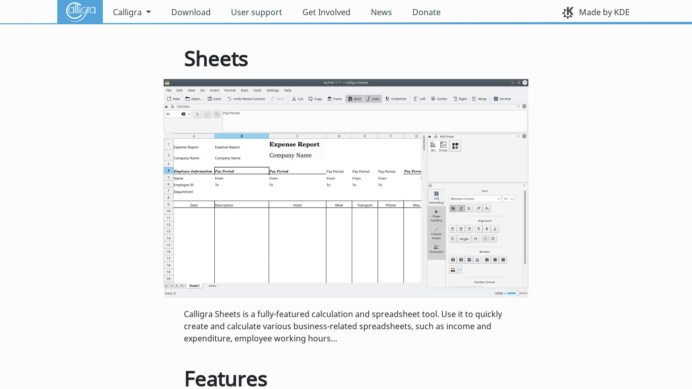 Calligra Sheets Landing page