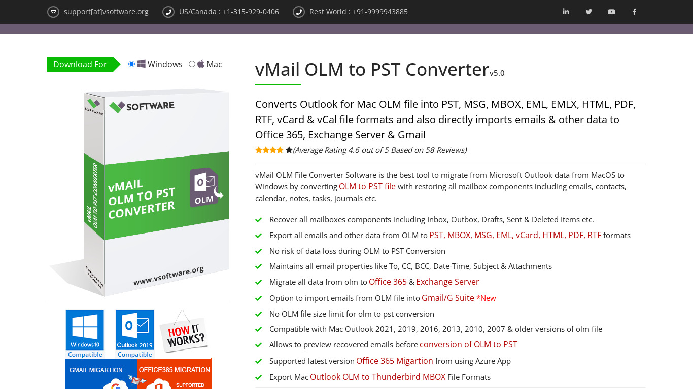 vMail OLM to PST Converter Landing page