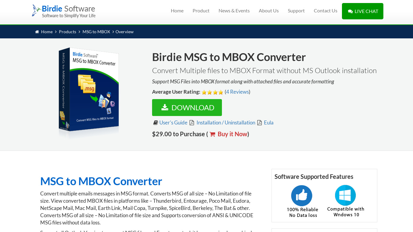 Birdie MSG to MBOX Converter Landing page
